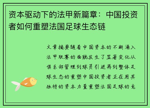 资本驱动下的法甲新篇章：中国投资者如何重塑法国足球生态链