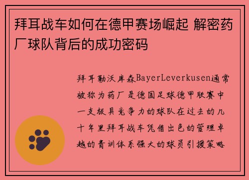 拜耳战车如何在德甲赛场崛起 解密药厂球队背后的成功密码