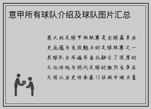 意甲所有球队介绍及球队图片汇总